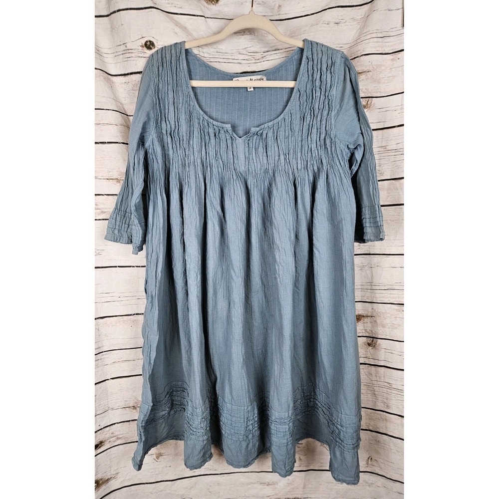 JP and Mattie Blue Crinkle Gauze Dress S Pleated Swing A-Line 100% Cotton